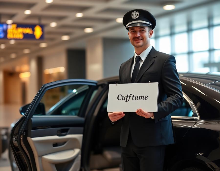 Uniformed chauffeur greeting a client in an airport arrivals hall