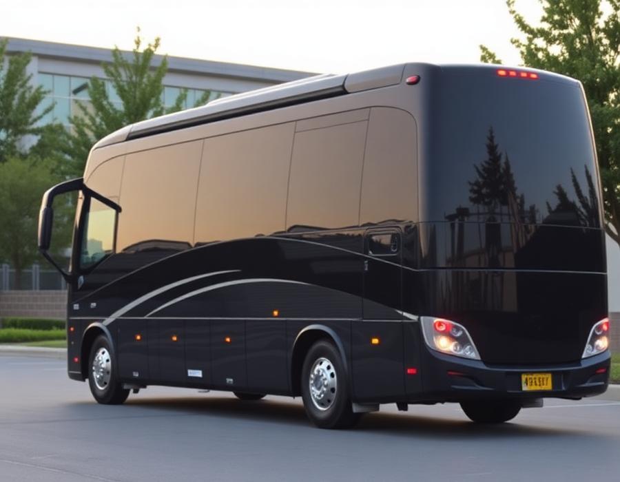 Modern luxury motor coach parked at a corporate campus