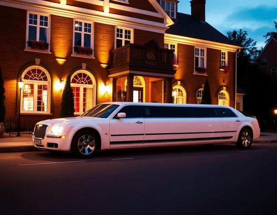 White stretch limousine outside a wedding venue