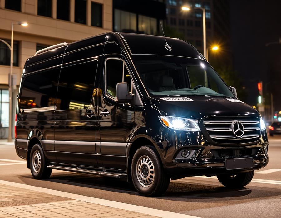 Black Mercedes Sprinter executive van on a city street